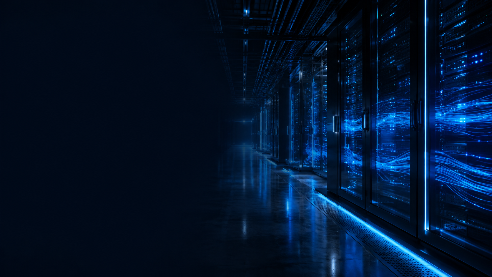 A blue-lit server and data centre corridor