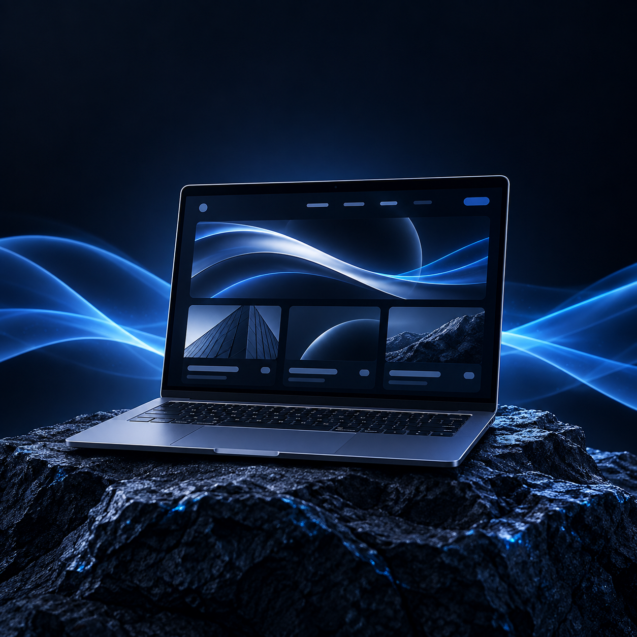 A single laptop on a dark rock surface, surrounded by flowing blue light