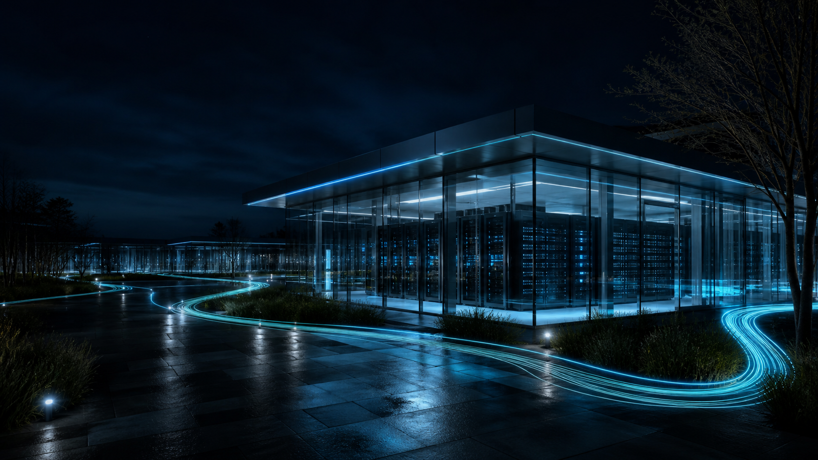 An illuminated smart building and automation systems at night
